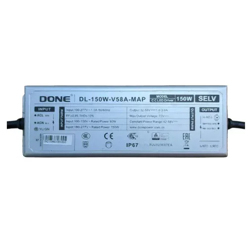 Nguồn điện DONE 150W (DL-150W-V58A-MAP) - 100~277Vac 50/60Hz; Out 32~48Vdc; Output: 1.8-3.6A; PF~0.95; Protection:6KV/15KV; Size: 186*60*38mm
