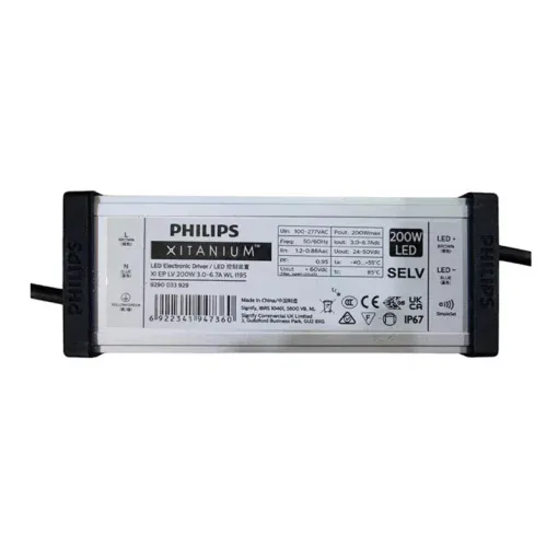 Nguồn điện PHILIP XITANIUM 200W (Xi EP LV 200W 3.0-6.7A WL I195) - 110~277Vac 50/60Hz; Out 24~50Vdc Out put: 3.0-6.7A; Size: 195*67*40mm.